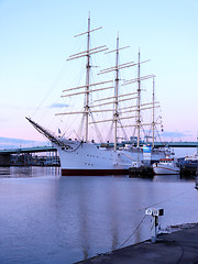 Image showing sail ship in the harbour in beautiful sunset