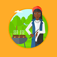 Image showing Woman cooking meat on barbecue vector illustration