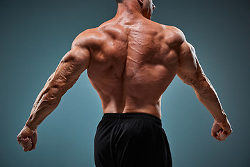 Image showing torso of attractive male body builder on gray background.