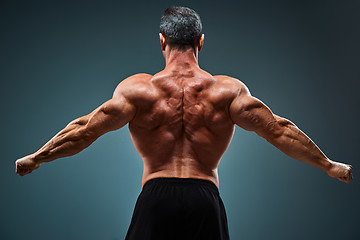 Image showing torso of attractive male body builder on gray background.