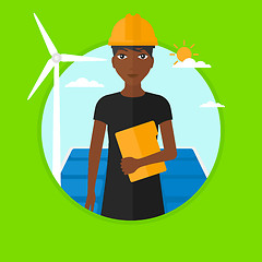 Image showing Female worker of solar power plant and wind farm.