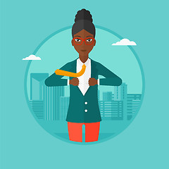 Image showing Business woman opening her jacket like superhero.