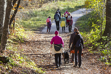 Image showing Group of people walking by hiking trail