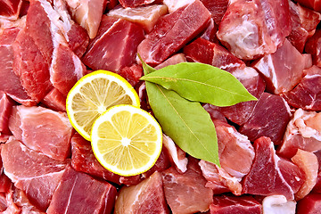 Image showing Meat with bay leaf and lemon texture