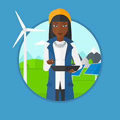 Image showing Female worker of solar power plant and wind farm.