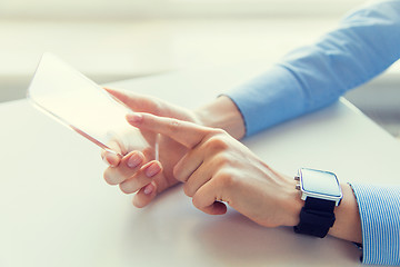 Image showing close up of hands with smart phone and watch