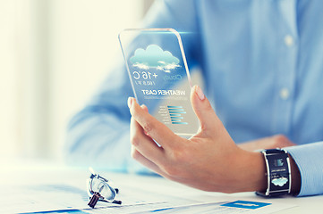 Image showing close up of woman with weather app on smartphone