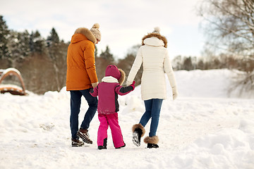 Image showing happy family in winter clothes walking outdoors