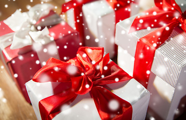 Image showing close up of gift boxes on wooden floor