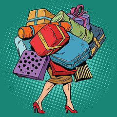 Image showing Woman and a lot of holiday shopping, sales discounts