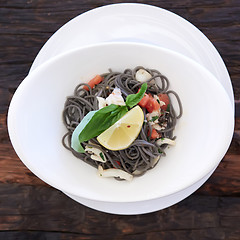 Image showing Black spaghetti with prawns and mussels