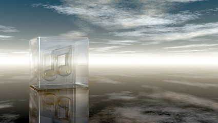 Image showing music note in glass cube under cloudy sky - 3d rendering