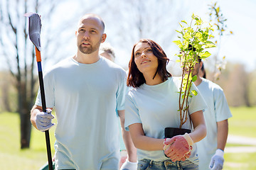 Image showing group of volunteers with trees and rake in park