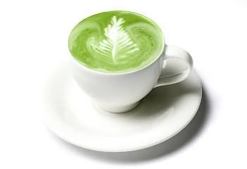 Image showing cup of matcha green tea latte over white