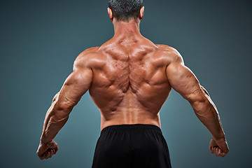 Image showing torso of attractive male body builder on gray background.