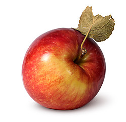 Image showing Red ripe apple with leaf top view