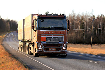 Image showing Volvo Truck Transport at Sunset Time