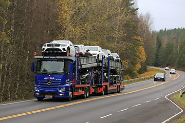 Image showing Mercedes-Benz Actros Car Carrier on the Road in Autumn