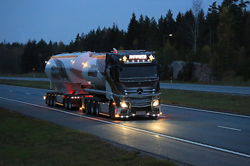 Image showing Mercedes-Benz Actros Tank Truck Lights in Darkness