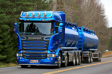 Image showing Blue Scania R580 Double Tanker on the Road