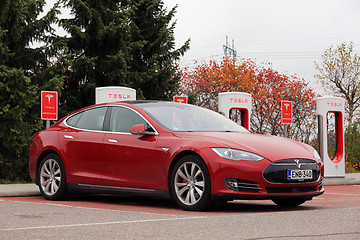 Image showing Red Tesla Model S Electric Car Charging