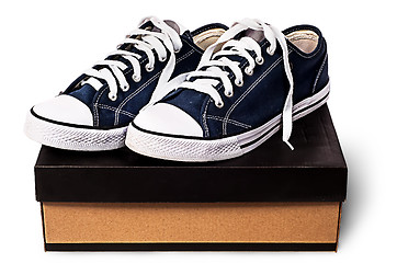 Image showing Dark blue sports shoes on the cardboard box