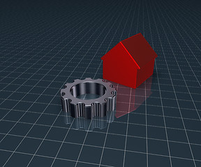 Image showing house model and gear wheel - 3d rendering