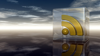 Image showing rss symbol in glass cube under cloudy blue sky - 3d illustration