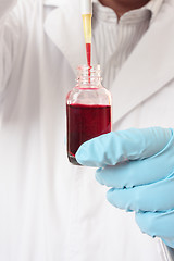 Image showing Pipette aspirating liquid from bottle