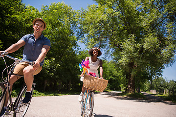 Image showing Young multiethnic couple having a bike ride in nature