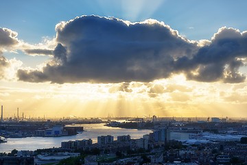 Image showing Industrial zone at sunset