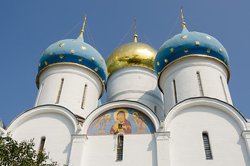 Image showing Sergiev Posad - August 10, 2015: Domes of the Assumption Cathedral of the Trinity-Sergius Lavra