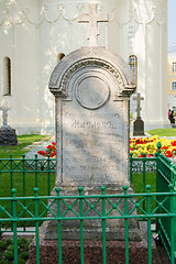 Image showing Sergiev Posad - August 10, 2015: Tombstone on the grave of Stepan Alexandrovich Maslov before Spirit temple of the Holy Trinity St. Sergius Lavra