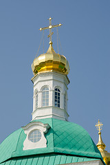 Image showing Sergiev Posad - August 10, 2015: View of the dome of the tower over the main entrance to the holy gate at Holy Trinity St. Sergius Lavra