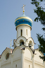 Image showing Sergiev Posad - August 10, 2015: view of the dome and bell tower Spirit temple of the Holy Trinity St. Sergius Lavra