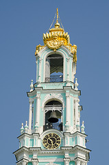 Image showing Sergiev Posad - August 10, 2015: View of the bell tower of the clock and the bells of Holy Trinity Sergius Lavra