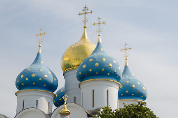 Image showing Sergiev Posad - August 10, 2015: Domes of the Assumption Cathedral of the Trinity-Sergius Lavra