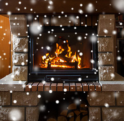 Image showing close up of burning fireplace with snow