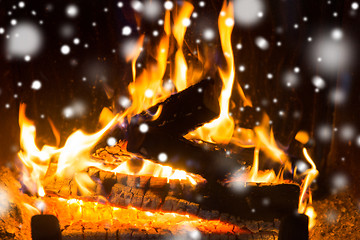 Image showing close up of firewood burning in fireplace and snow