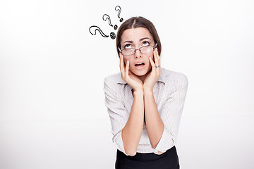 Image showing thinking women with question mark on white background