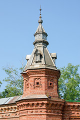 Image showing Sergiev Posad - August 10, 2015: the tower on the red wall extending from retail shops around Pafnutevskom garden at the Trinity-Sergius Lavra