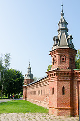 Image showing Sergiev Posad - August 10, 2015: the Red wall extending from the retail shops around pafnutevskigo garden at the Trinity-Sergius Lavra