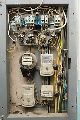 Image showing Volgograd, Russia - October 10, 2016: Electrical panels with electricity meters, installed on the floor of a multistory apartment building