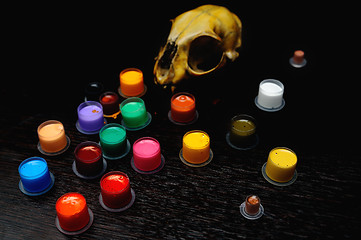 Image showing Caps for tattoo ink with colored  on the background of a skull.