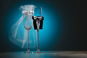 Image showing Two wineglass with special decoration for wedding ceremony