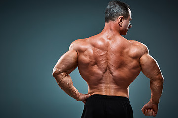 Image showing torso of attractive male body builder on gray background.