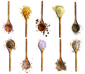 Image showing Collection of Spices in Wooden Spoons