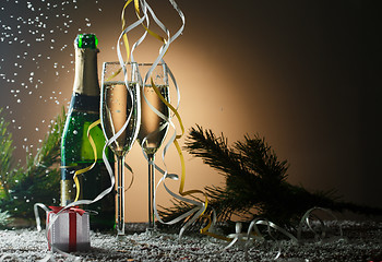 Image showing Glasses of champagne with new year and Christmas decorations
