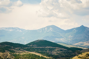 Image showing Panoramic views of mountain peaks and blue sky