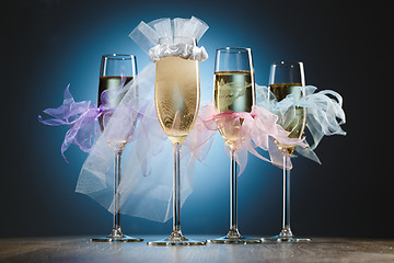 Image showing Set of festive glasses with champagne for wedding party